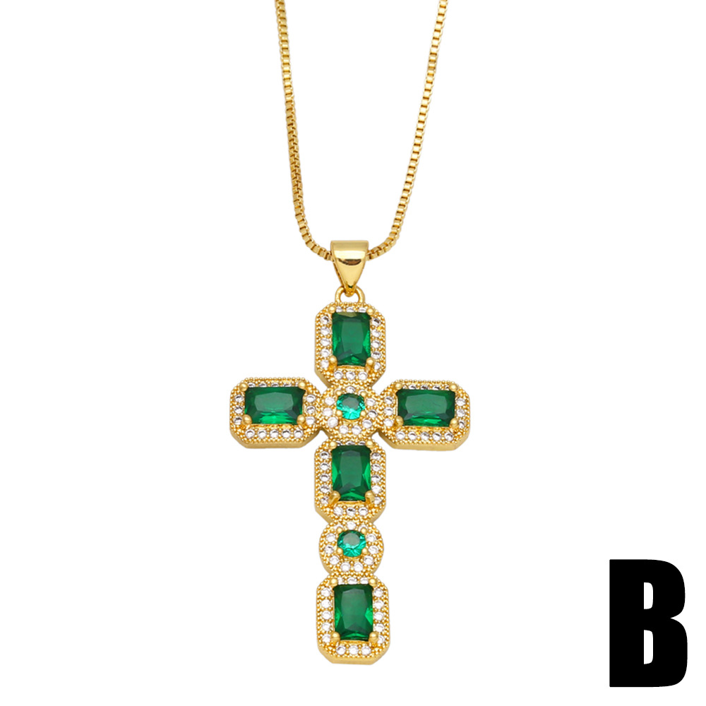 Fashion Female Hip Hop Peacock Green Zircon Cross Pendant Copper Necklace
