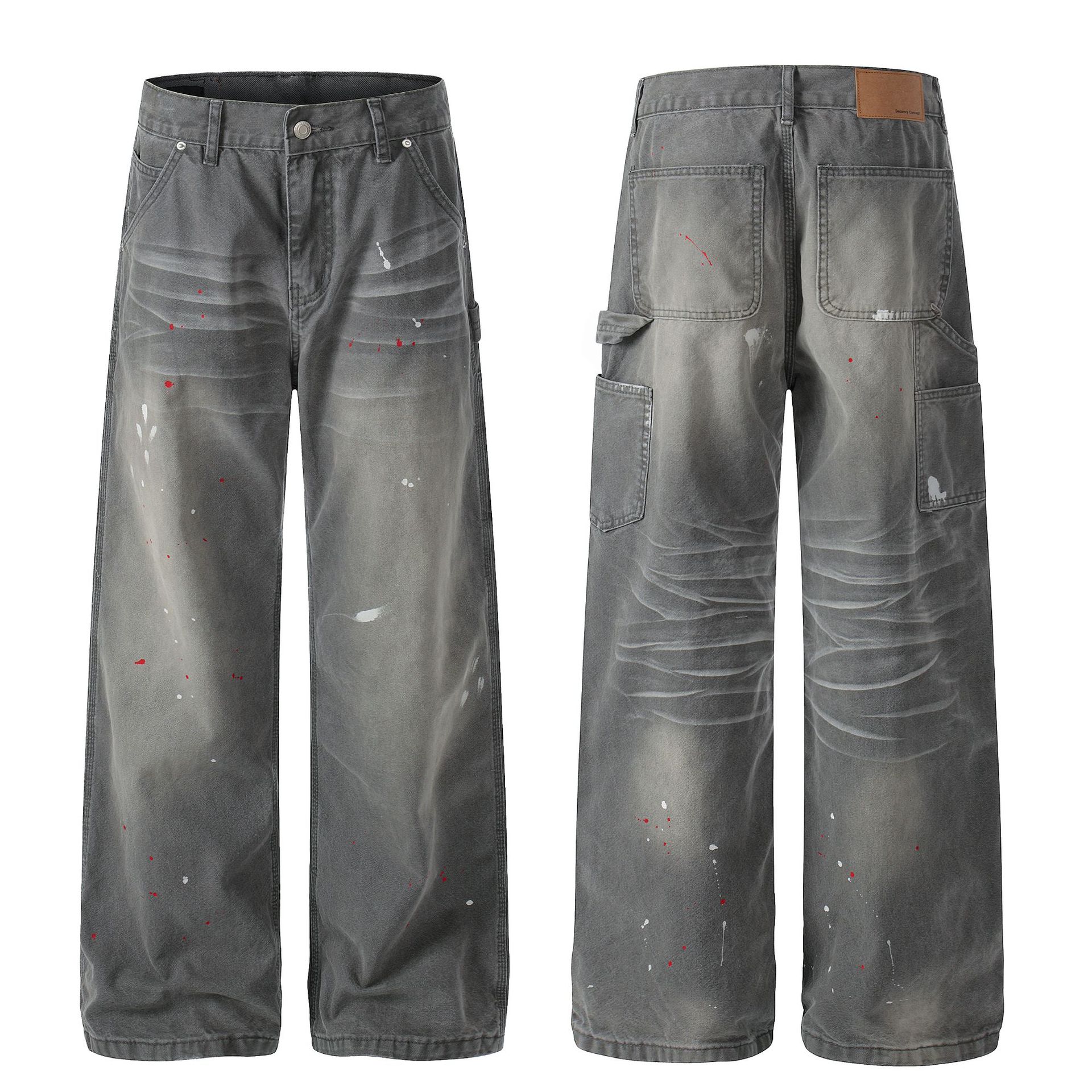 Men's Wide Leg Jeans High Street Style Z059 Whisker Texture Artificial Paint Splatter Design_mkmklike.com