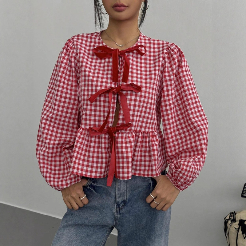 New Cross-Border Plaid Printed Bow Tie Temperament Sweet Shirt Women's Clothing New Cross-Border Plaid Printed Bow Tie Temperament Sweet Shirt Women's Clothing