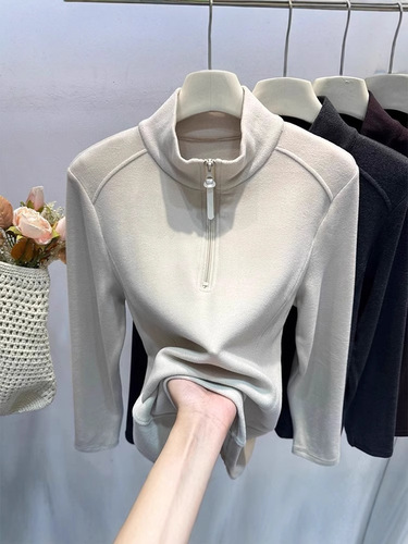 Half-Open Collar Zipper Fleece Base Shirt for Women Autumn/Winter Slimming Sweatshirt with Plush Warm Stand-up Collar Sweatshirt Thick T-shirt