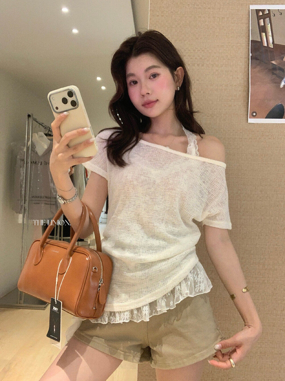 Bộ áo khoác chống nắng lệch vai kết hợp áo hai dây ren cổ yếm nữ tính mùa hè — màu mơ chi tiết 4