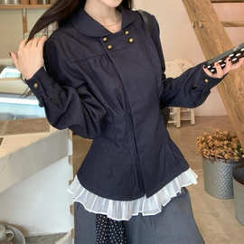 SPEAR YOUTH1“无可替代”双排扣牛仔打褶收腰衬衫通勤上衣外套