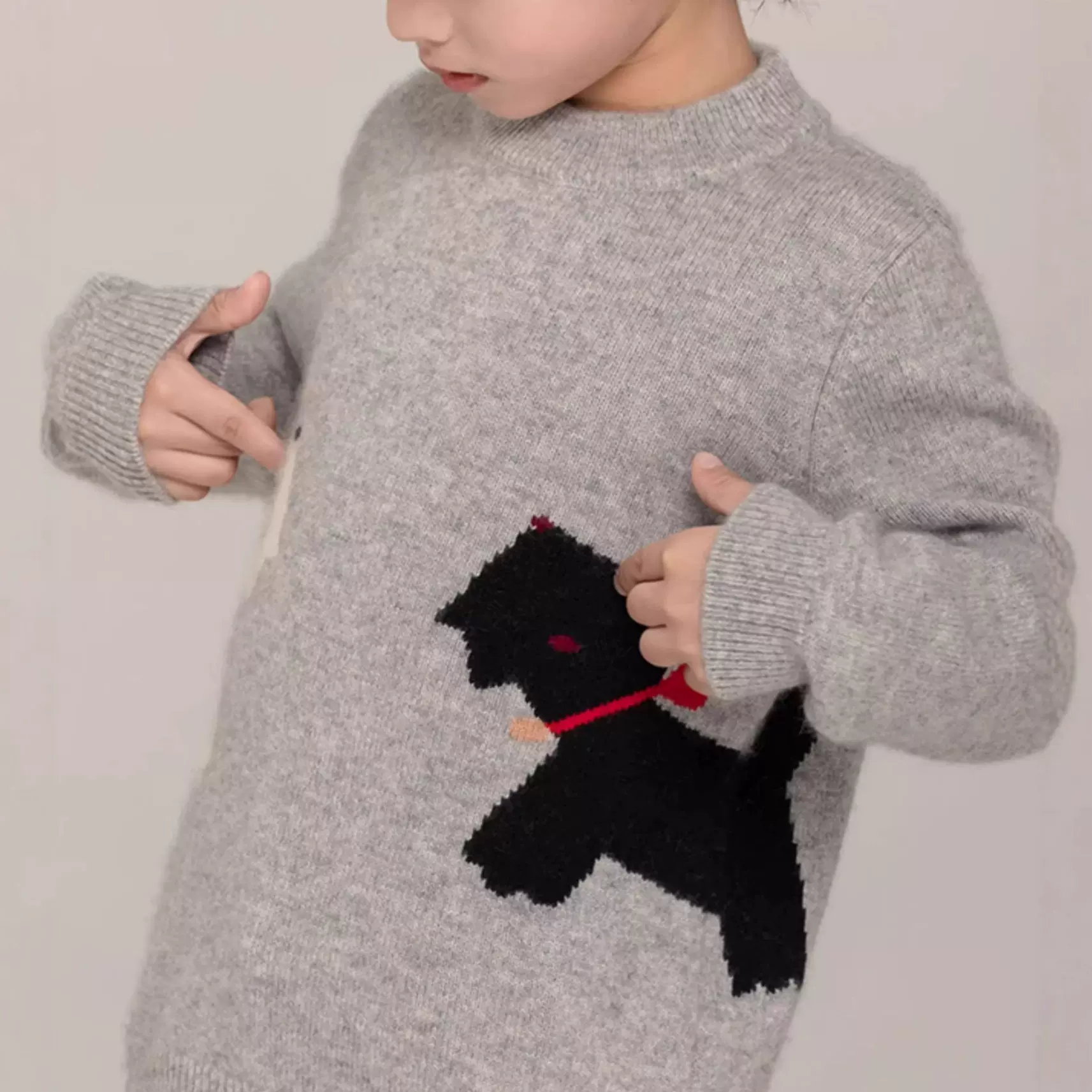 100%美利奴羊毛灰色小狗提花针织套头衫女童秋冬新款中大童毛衣女