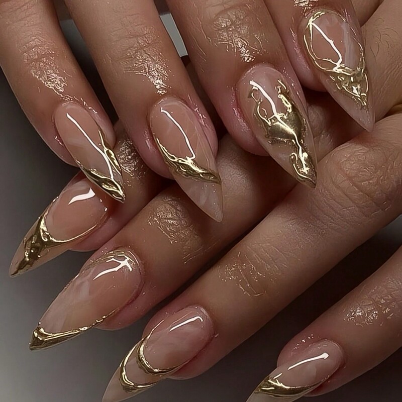 24 Pcs Almond-Shaped Press-On Nails Simple 3D Gold Foil Design Gradient Jelly Gel and Strip Nail Art Cross-Border