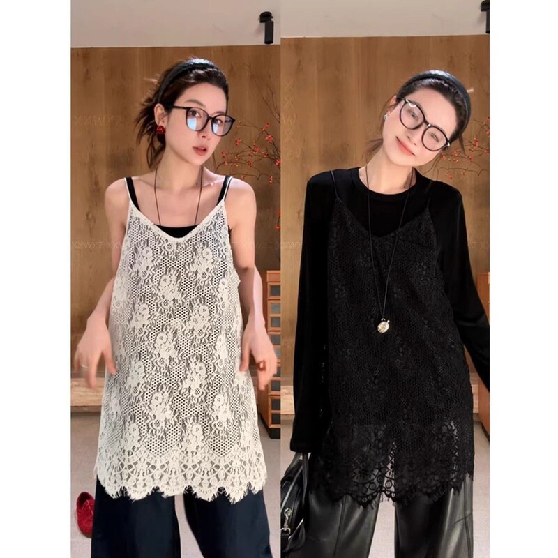 2026 Early Spring New Lace Hollow-Out Camisole Dress for Women, Casual Layered Versatile Slimming Mid-Length Camisole Dress