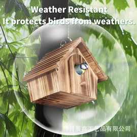 跨境木质鸟窝悬挂喂食器半圆形鸟笼 庭院装饰挂件户外宠物繁殖箱