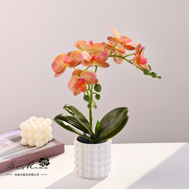 Flores artificiales con hojas, bonsái de orquídea mariposa de tacto real, pequeños adornos de decoración de interiores, suministro directo del fabricante, plantas verdes artificiales, plantas en maceta simuladas image 8