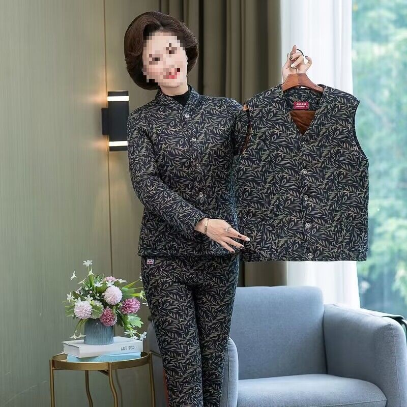 冬季奶奶中老年棉衣防寒三件套加绒加厚大码宽松驼绒棉袄妈妈外套