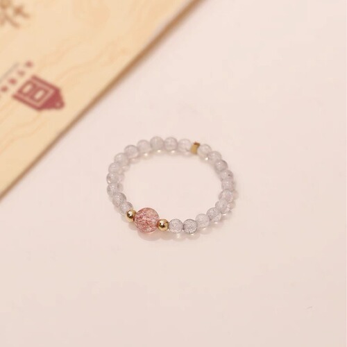 Thin natural Sri Lankan gray moonstone ring for women, peach blossom and strawberry crystal, simple index finger ring, light luxury and fashionable