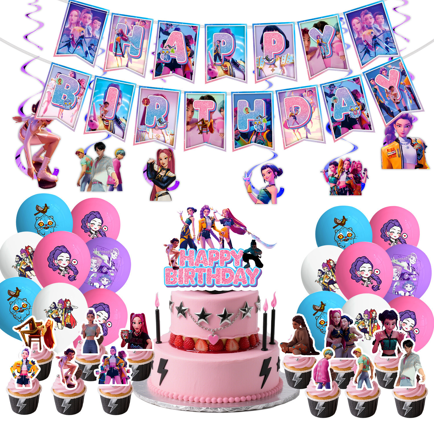 Inventario de caza de demonios rosa grupo de mujeres cubiertos set de cumpleaños tazas de papel bandejas de papel toallas de mesa artículos decorativos