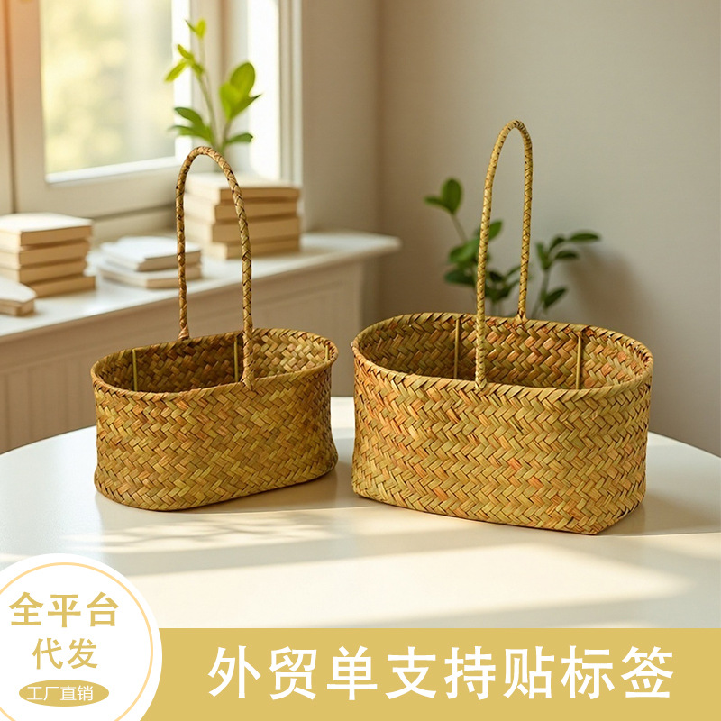 Cesta de flores de ratán de almacenamiento tejido de paja