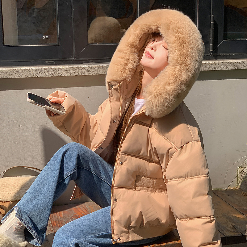 Big fur collar 2024 winter new Korean version loose short clothing cotton women's hooded thickened Down jacket_voghion.com