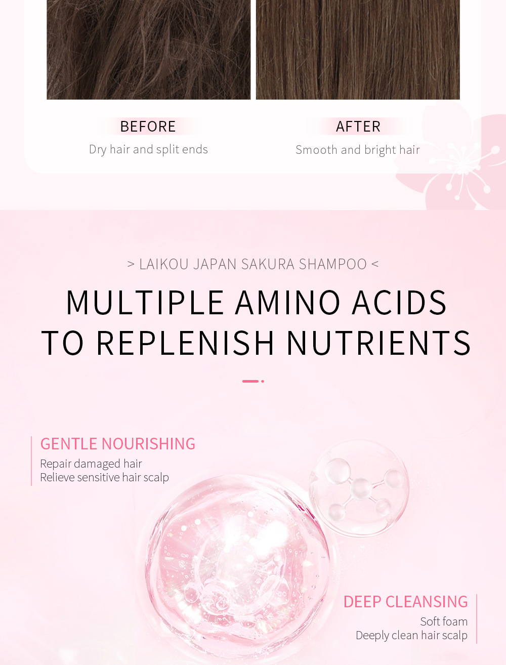 LAIKOU Sakura Shampoo cleanses hair, provides soft, smooth and refreshing hair with a lingering fragrance. Wholesale from the manufacturer undefined