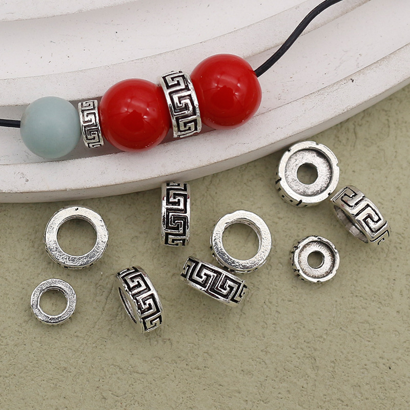 All-match Great Wall Pattern Large Hole Geometric Gasket Scattered Beads Shaped Pattern Xizang Silver Beads Spacer Beaded DIY Jewelry Bracelet
