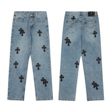 跨境外贸克罗伈 Chrome Hearts 高街美式休闲十字架贴皮牛仔长裤