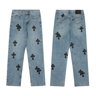 Cross-border Foreign Trade Chrome Hearts High Street American Casual Cross Leather Denim Pants