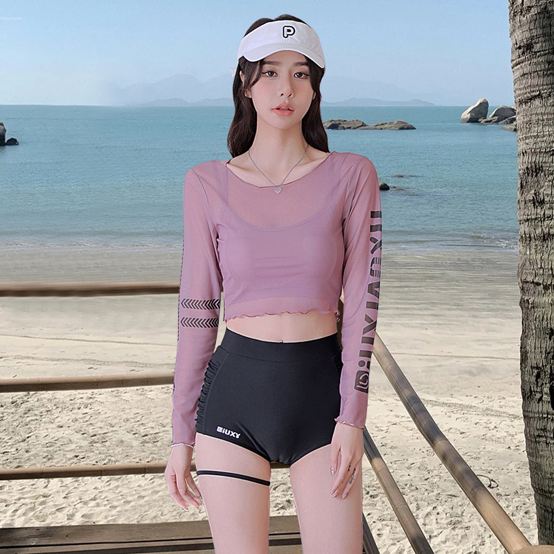 2025 nuevo trajes de baño de mujer de color sólido sexy de tres piezas para cubrir la piel delgada de mangas largas trajes de baño deportivos de protección solar