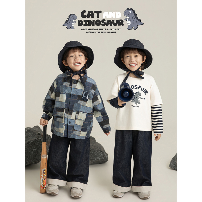 Wulibuyi Boys' Little Dinosaur Series Spring and Autumn Cute Fake Two-Piece T-Shirt Denim Digital Print Shirt Jacket