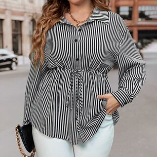 Cross-border European and American sources of Amazon 2024 new fashion loose casual drawstring front button striped plus size shirt