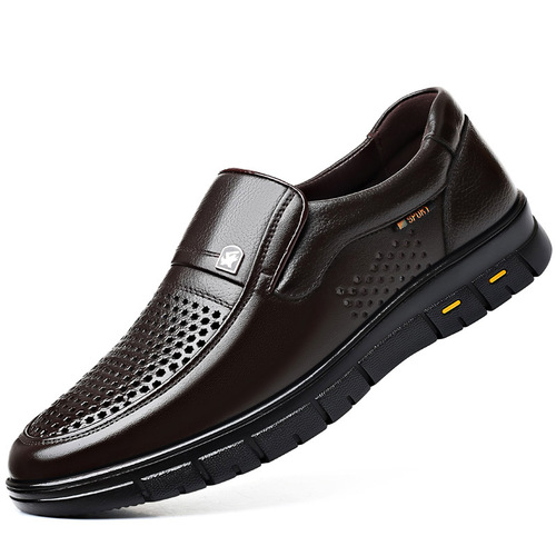 Men's leather sandals non-slip hollow dad casual middle-aged and elderly genuine leather 2024 new summer breathable clogs