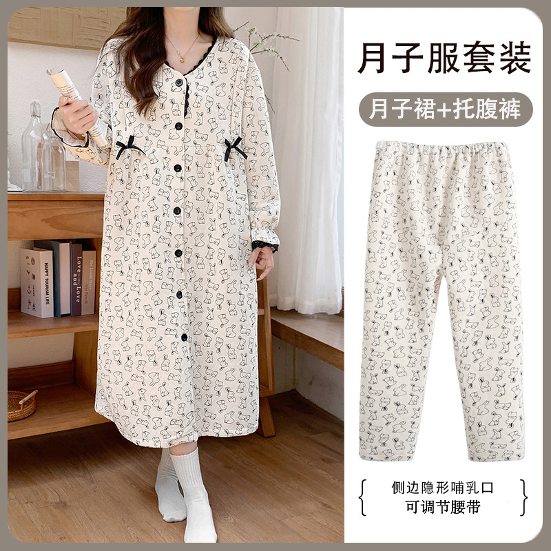 空气棉孕妇睡裙女秋冬季加厚睡袍产后喂奶哺乳月子服冬天款待产裙