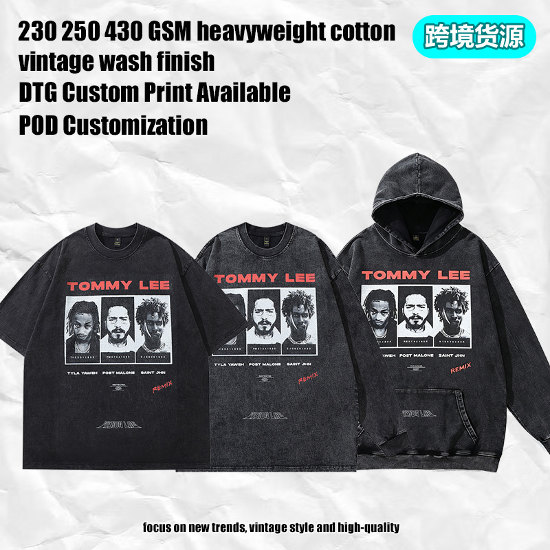 2026 Fall/Winter Men's American High Street Vintage Portrait Print Washed Distressed Heavyweight Pure Cotton Long Sleeve T-Shirt Cross-Border