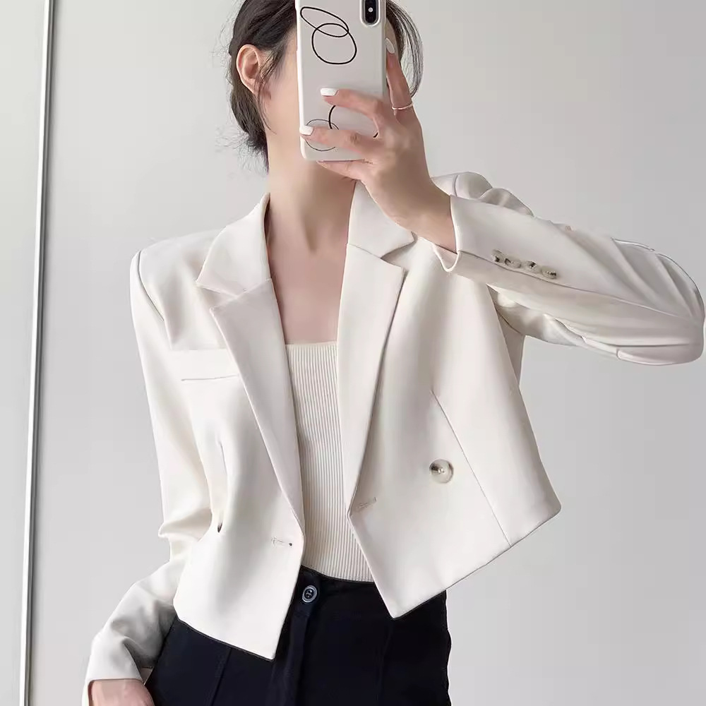YAHI Apricot White Casual Short Blazer for Women, New Spring and Autumn Style, Versatile, Elegant, Slimming Blazer Top
