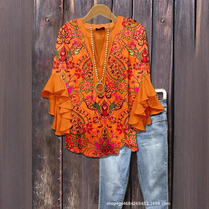 Y2 Amazon Independent Site Digital Print Casual Trendy V-Neck Ruffled Edge T-Shirt Women's Top Fashion Women's Clothing