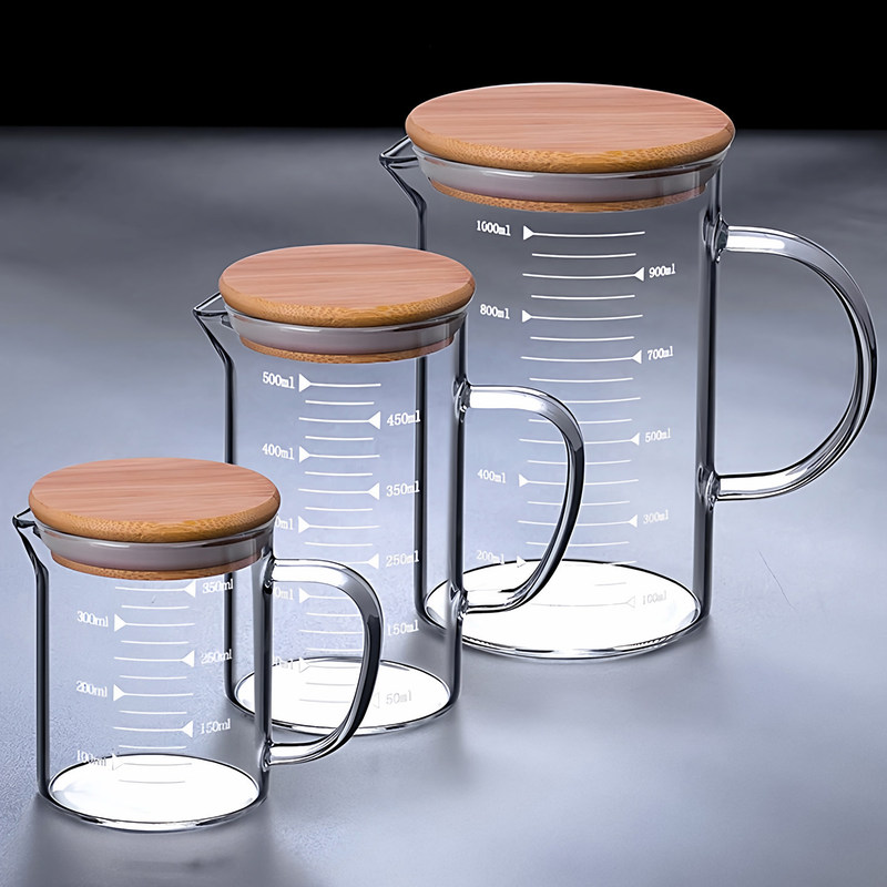 Thickened Household Measuring Cup with Scale and Lid, Glass Measuring Cup, Milk Cup, Baking Measuring Cup, Heat-Resistant Water Cup