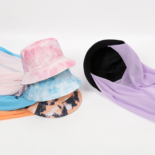 Cross-border new fashion set scarf, solid color chiffon and tie-dyed fisherman hat in one 2-piece scarf hat wholesale