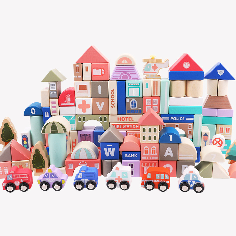 Bloques de madera personalizados de fábrica 115 gránulos de macarón de la ciudad piso de granos de ensamblaje de bloques de construcción juguetes de puzzle