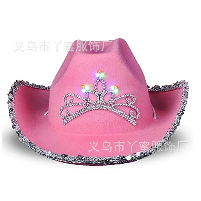 Ковбойская шляпа Amazon с подсветкой, розовая, карнавальная, с серебряной кромкой, перьями и светодиодной подсветкой в стиле вестерн
