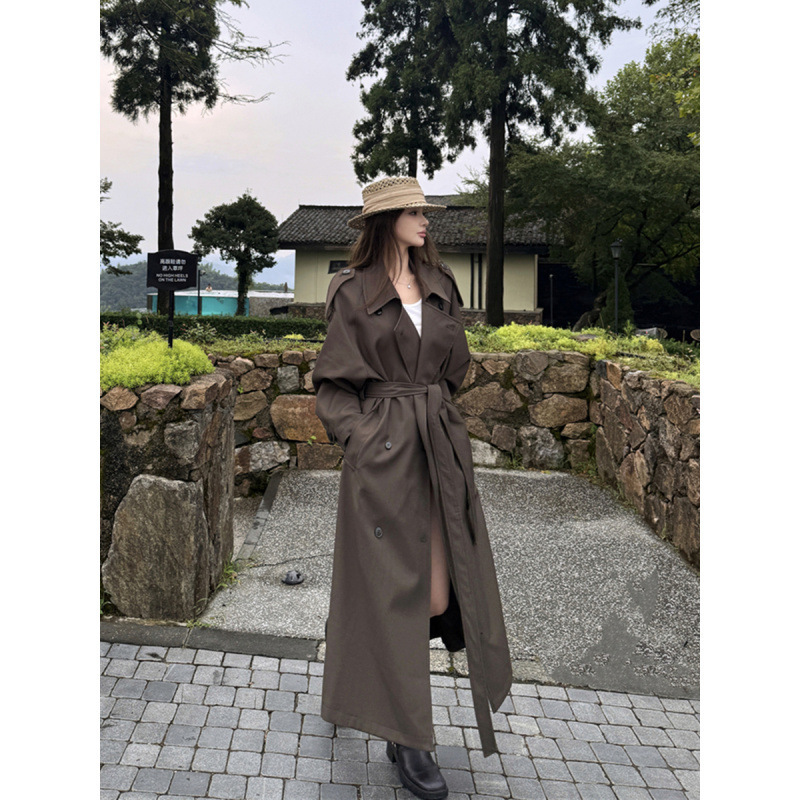 秋日新款韩系气质辣妹廓型气质翻领双排扣风衣长款外套女|undefined