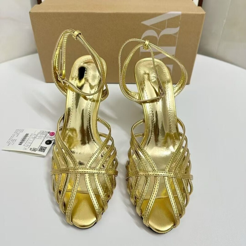 Za Cross-Border Independent Station Ins Fashion Catwalk Electroplated Heel Steel Heel One-Line Buckle Strap Simple Open-Toe Women's Shoes Sandals