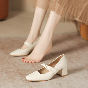 Flat Genuine Leather Shoes for Women Summer 2025 New High Heels Thick Heel Mary Jane Shoes Soft Leather Shallow Square Toe Shoes