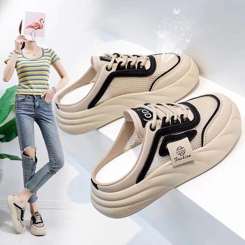 New style mesh half drag summer trendy hollow breathable thick sole increased casual slippers sandals board shoes