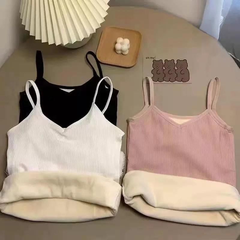 秋冬保暖吊带背心女加绒加厚内搭打底外穿修身美背防寒条纹内衣女