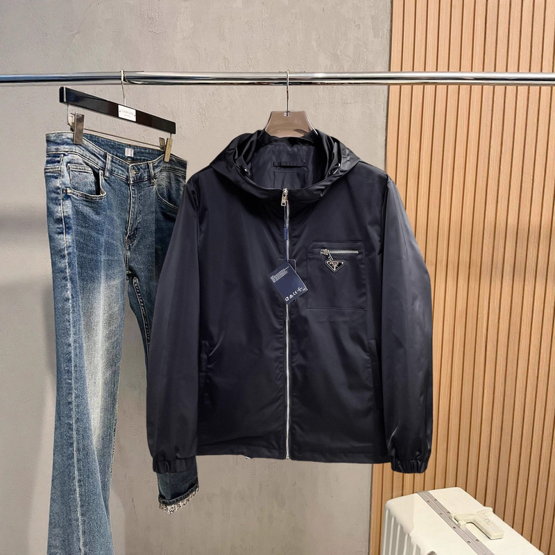 1.1 Correct Version 24 Autumn and Winter Pra Double-Sided Nylon Triangle Logo Blcg Stand Collar Color Matching Jacket for Men and Women