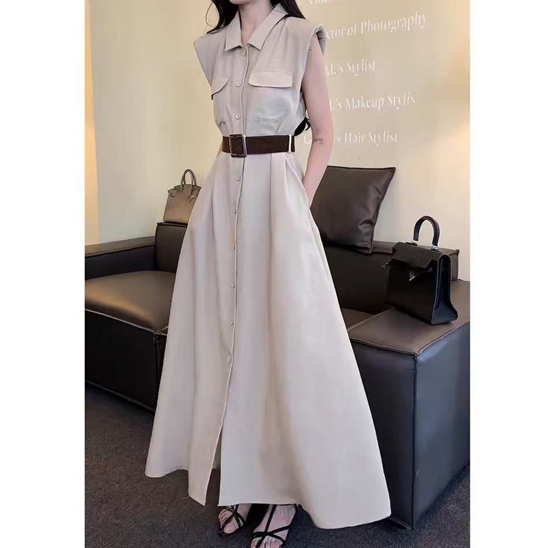 气质高级感翻领无袖亚麻连衣裙女2025夏季新款收腰显瘦背心裙长裙|undefined