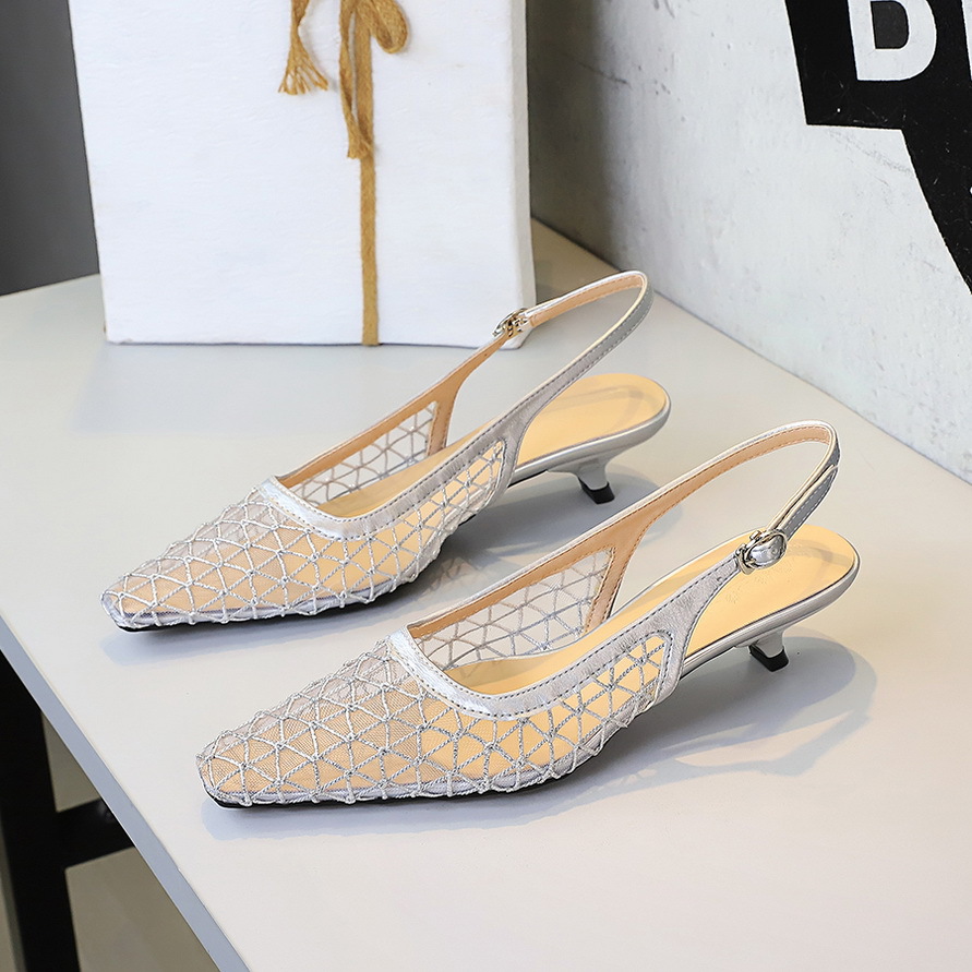 5131 European And American Style Banquet Fashion Elegant Pointed Toe Low Heel Mesh Breathable Hollow Back Strap Women's_vogvips.com