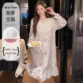 珍珠棉女睡衣春秋季带胸垫加肥加大可爱韩版中长裙可爱印花居家服