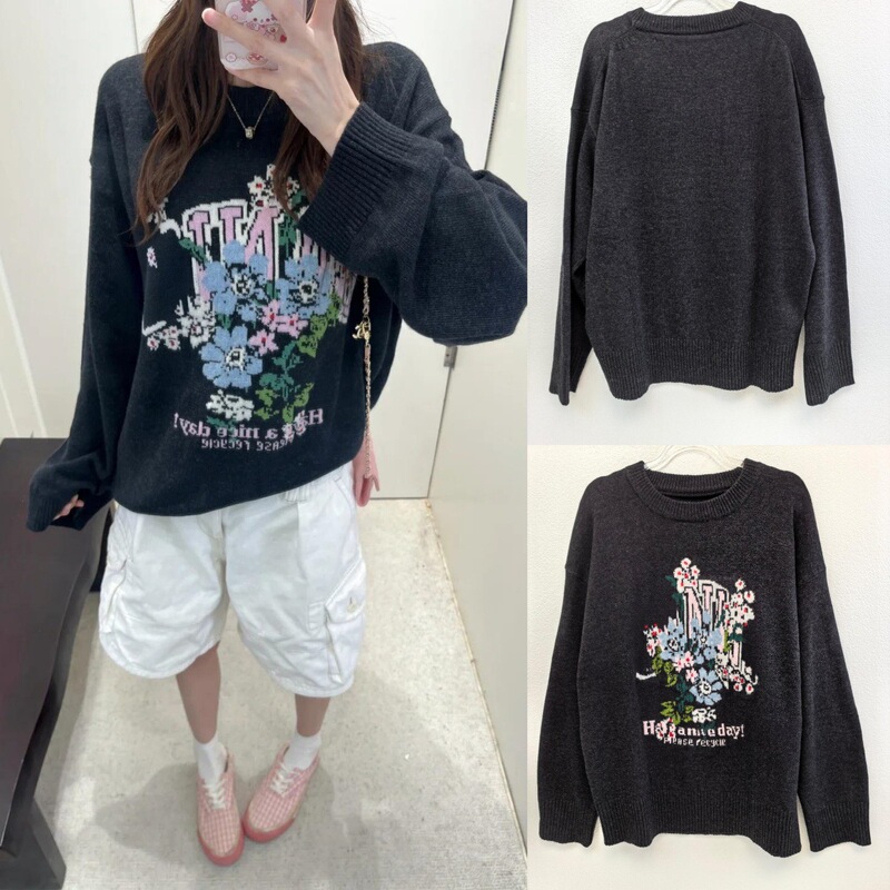 Real wool~New foreign trade model 26, floral and letter pattern wool blend round neck pullover, loose and versatile sweater
