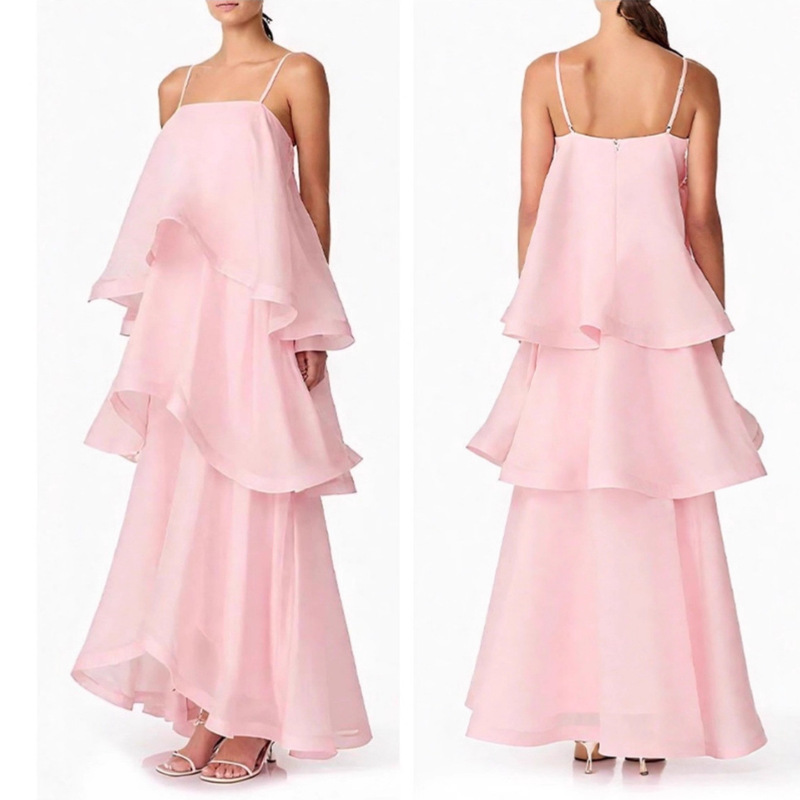 Cross-Border Foreign Trade European and American Clothing French Pink Sleeveless Tube Top Multi-Layer Skirt Backless Elegant Dress Long Dress