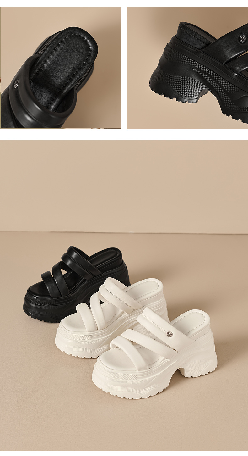 Dép sandal nữ quai chữ V đế dày da thật mùa hè, tăng chiều cao, xỏ ngón tiện lợi — màu đen, Trắng kem- chi tiết 11
