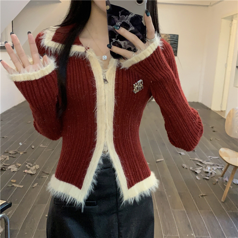 New Autumn and Winter Christmas Wear Red Atmospheric Knitted Woolen Cardigan Women's Slim Sweater Jacket Short Top New Autumn and Winter Christmas Wear Red Atmospheric Knitted Woolen Cardigan Women's Slim Sweater Jacket Short Top