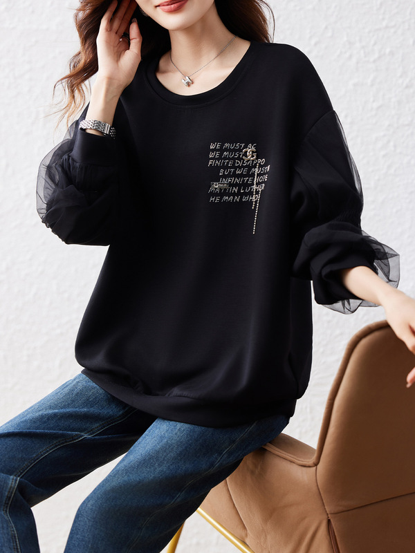 气质显瘦新款减龄上衣欧货时尚字母烫钻圆领套头卫衣女秋装高级感|undefined