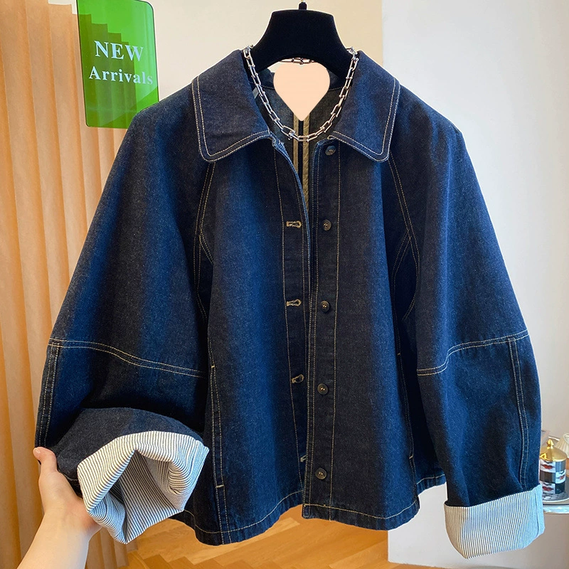 Retro dark blue denim autumn jacket, Korean style, oversize