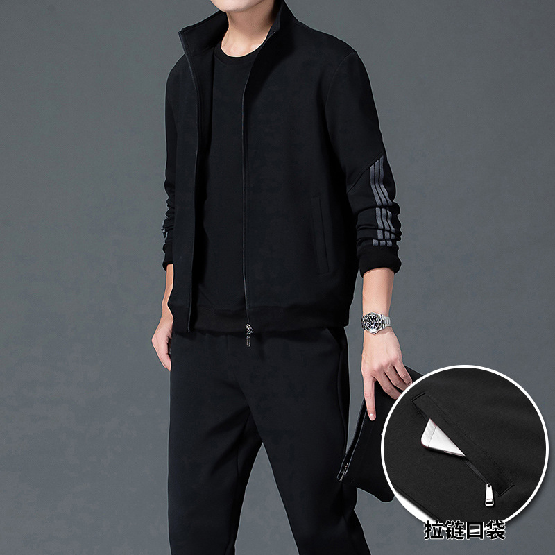 Conjunto deportivo para hombre M-8XL, estilo papá para primavera y otoño, chaqueta con cuello alto, pantalones rectos de talla grande, conjunto de tres piezas para hombre, sudadera informal.