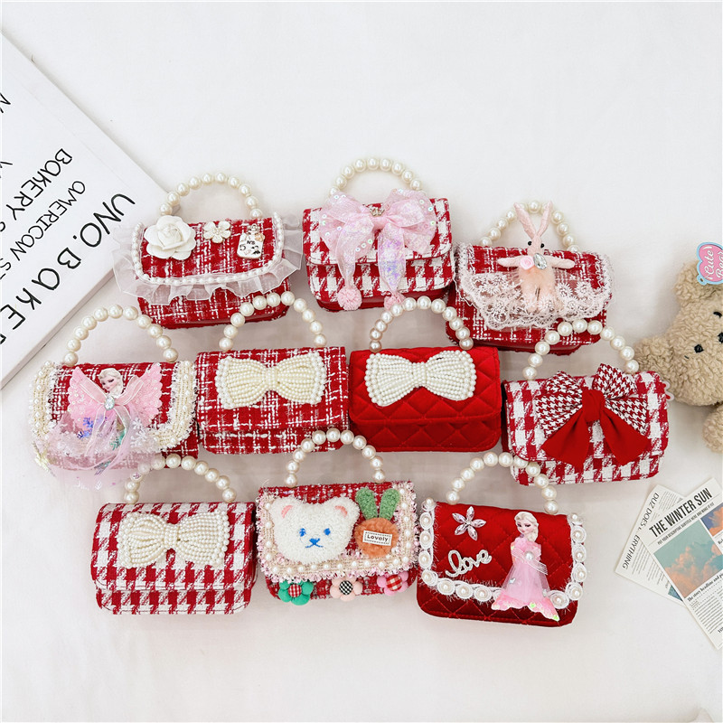 Bolsa de Año Nuevo, bolsas de Año Nuevo rojas de chicas, bolsas de accesorios de mano de perlas princesas