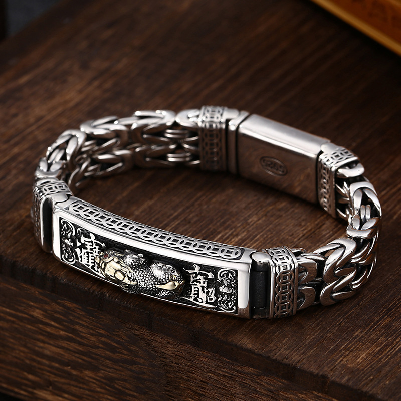 S925 sterling silver fortune money brave peace pattern bracelet men's trendy retro national style personalized silver chain S925 sterling silver fortune money brave peace pattern bracelet men's trendy retro national style personalized silver chain